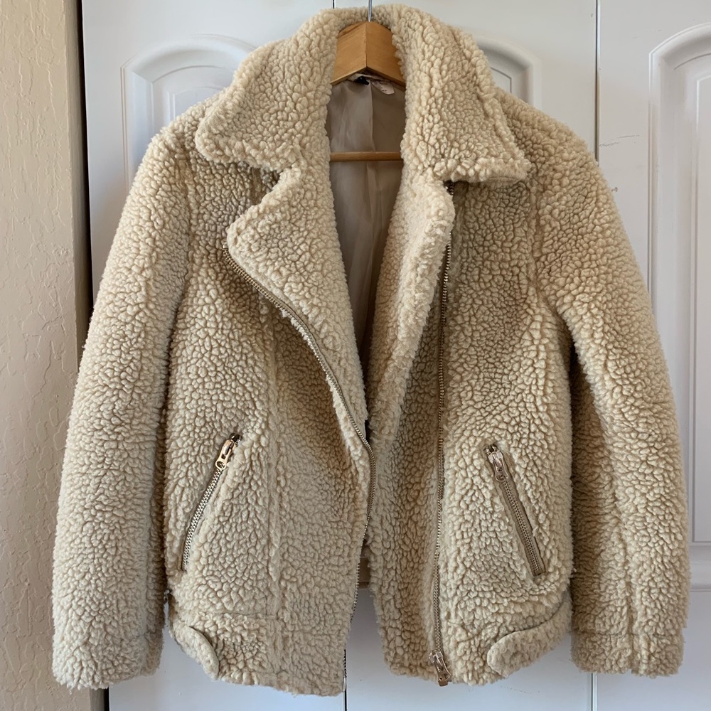 H&M beige teddy / sherpa moto jacket